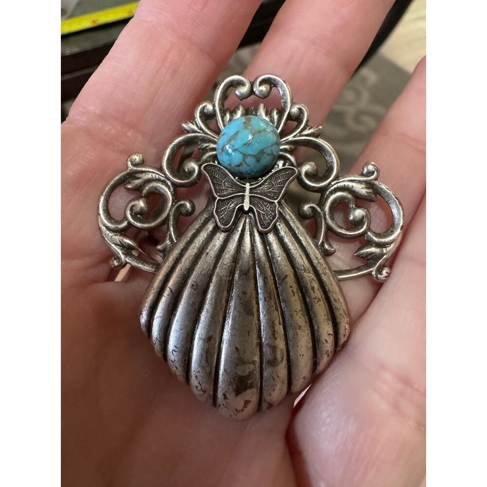Vintage Jane Butterfly Brooch | Turquoise Accent | Ornate Silver Tone Statement
